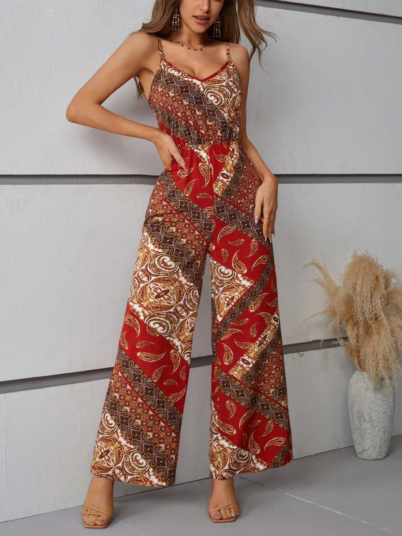 SHEIN VCAY Scarf Print Wide Leg Cami Jumpsuit