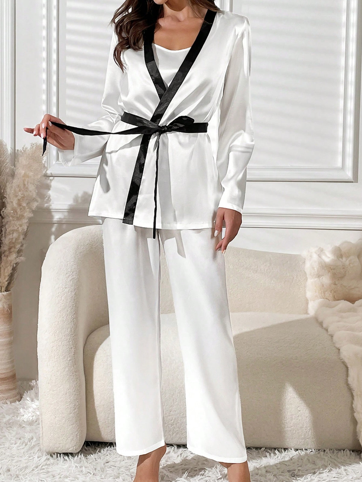 3Pcs Satin PJ Set with Belt