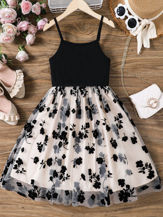 SHEIN Kids EVRYDAY Tween Girl Floral Print Mesh Overlay Cami Dress