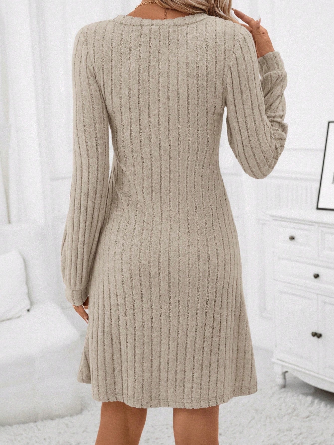SHEIN Clasi Solid V Neck Ribbed Knit Dress