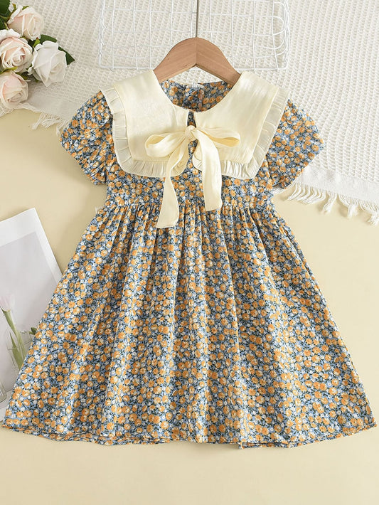 Young Girl Ditsy Floral Print Statement Collar Knot Front Dress