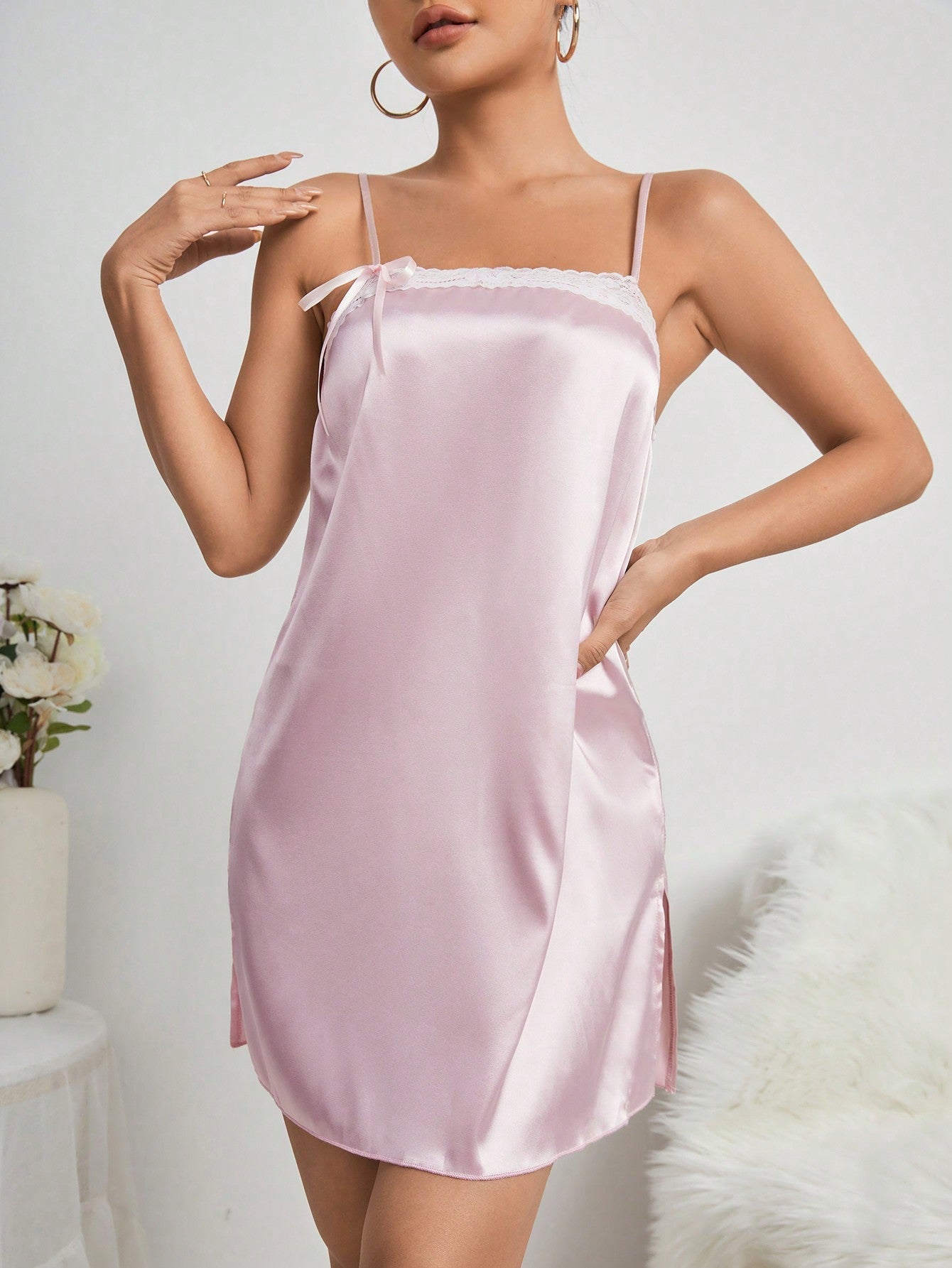 Women'S Lace Patchwork Satin Cami Nightgown