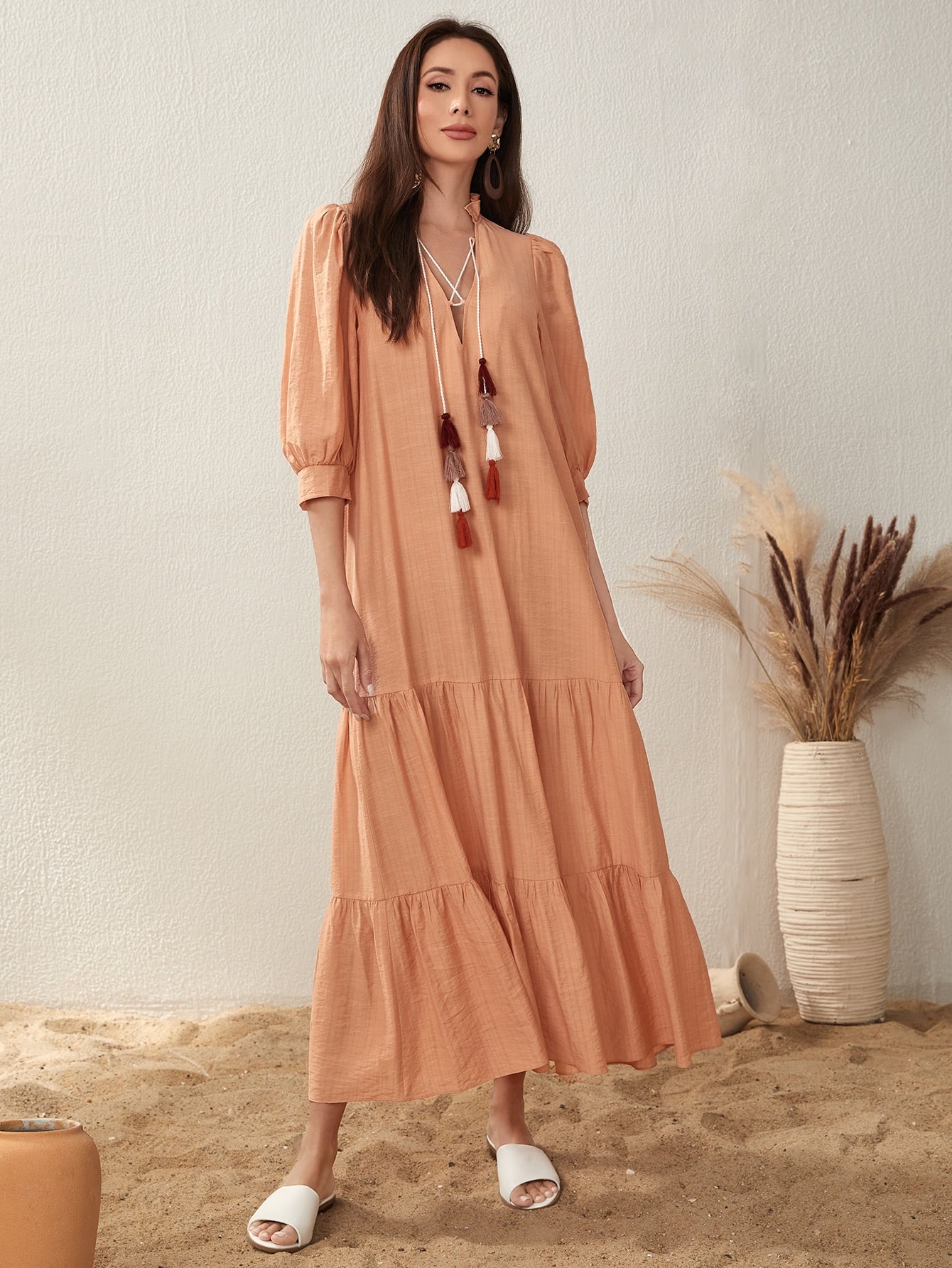 SHEIN Mulvari Fringe Detail Flounce Hem Smock Dress