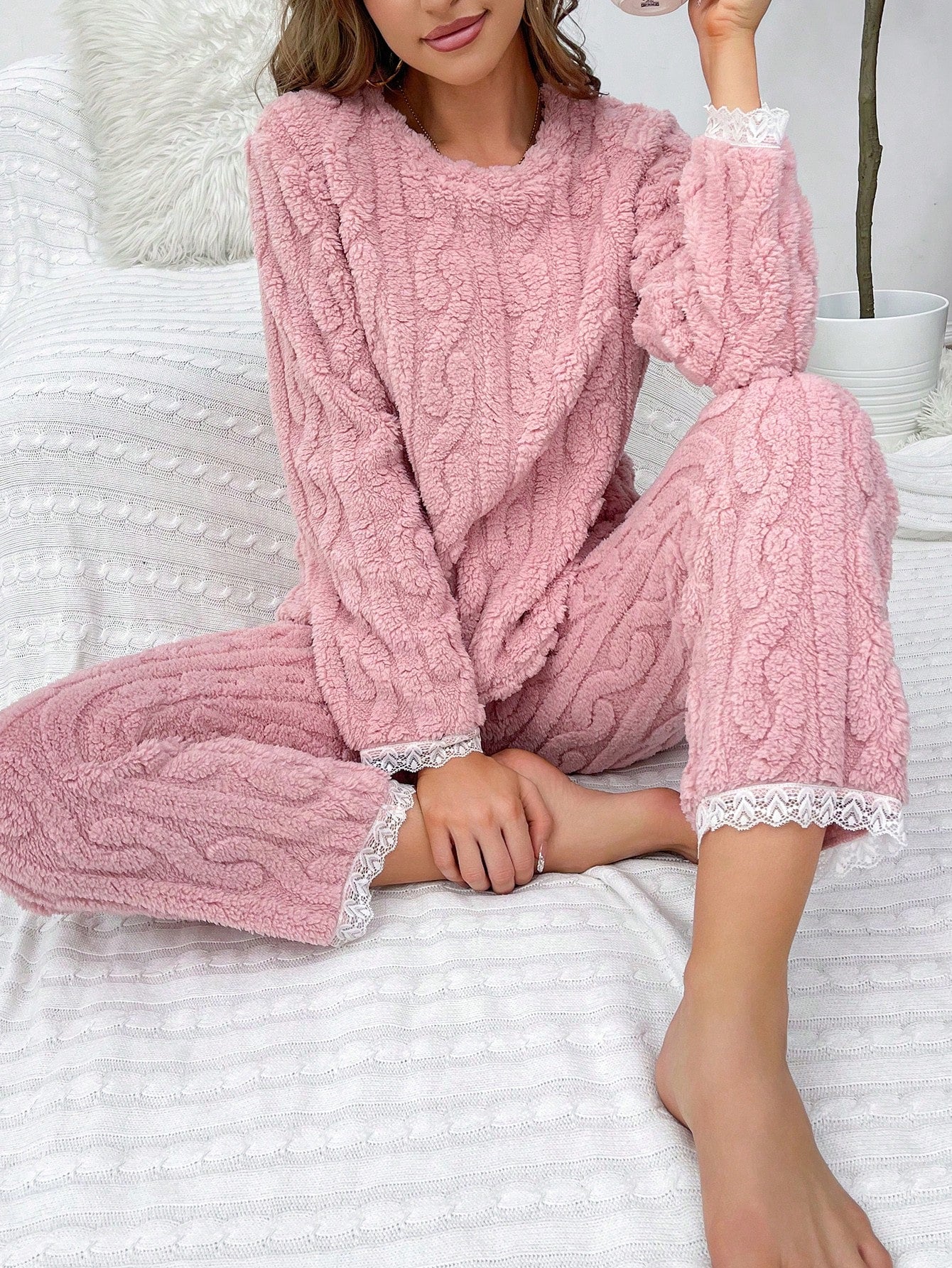 Lace Trim Flannel PJ Set