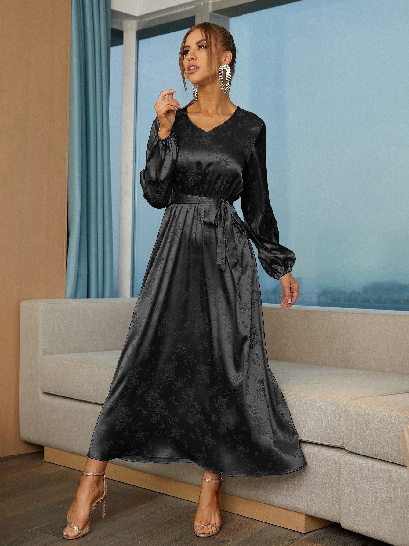 SHEIN Modely Satin Jacquard Self Tie V-Neck Dress