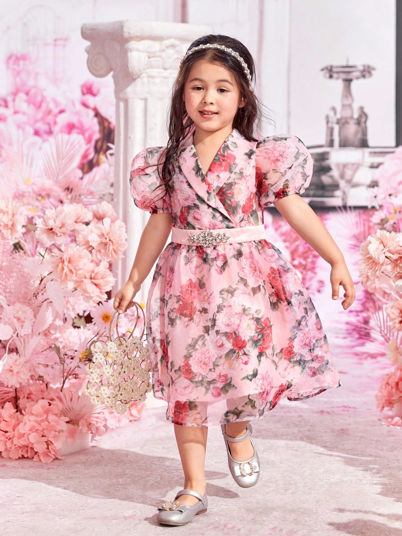 SHEIN Young Girls 1Pc Floral Print Puff Sleeve Party Dress