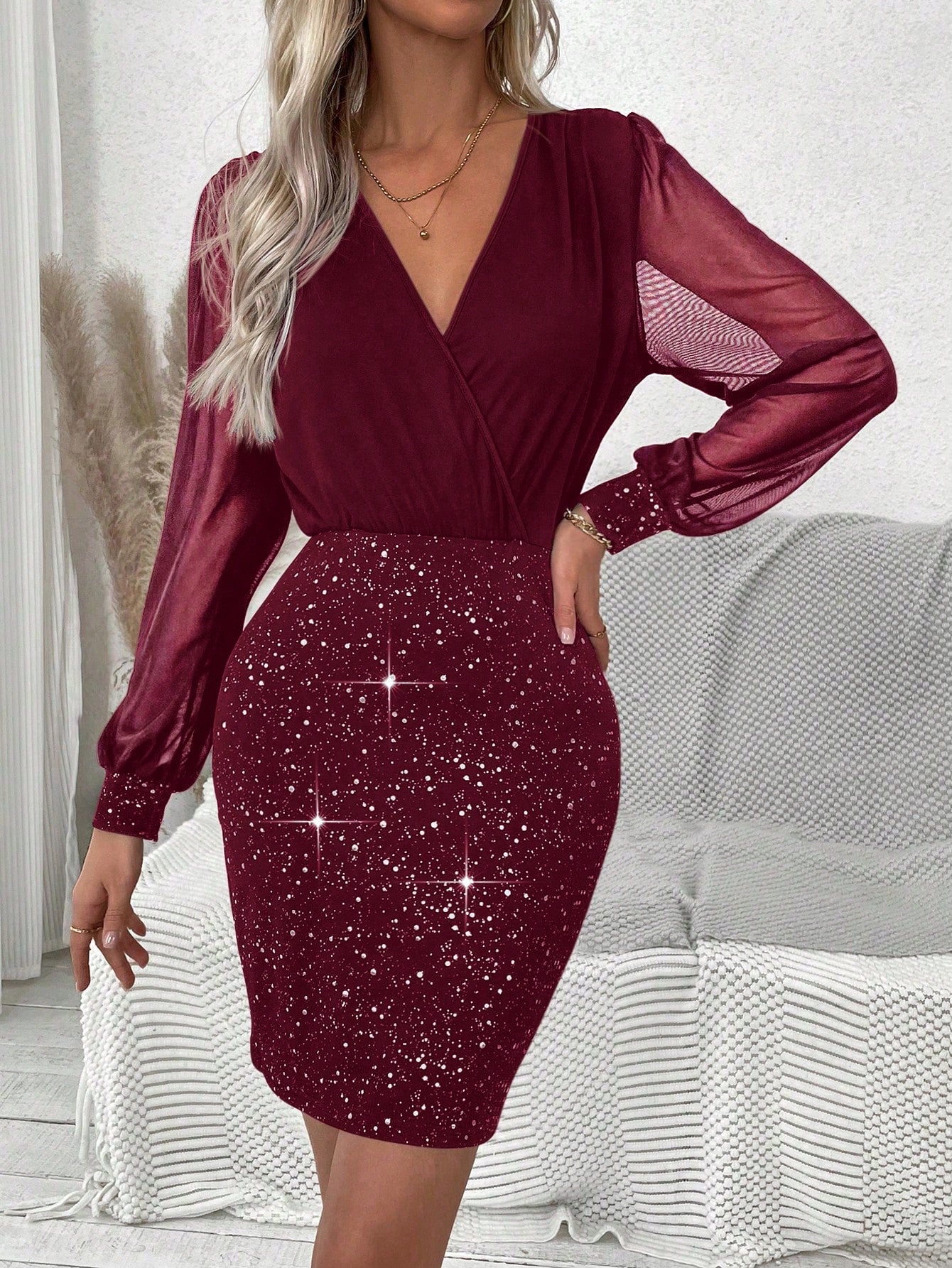 Women'S Mesh Lantern Sleeve Dress