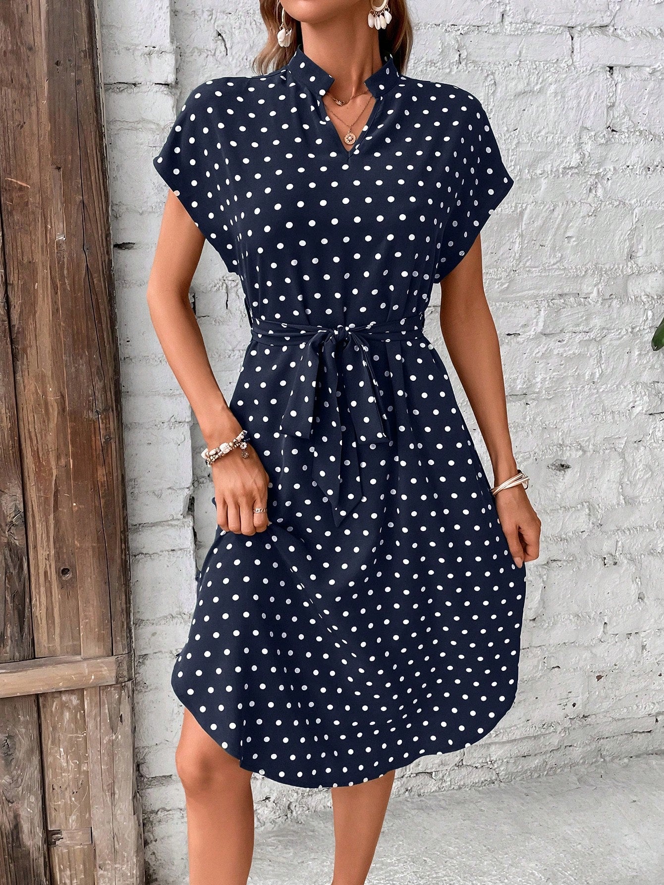 SHEIN LUNE Polka Dot Print Batwing Sleeve Belted Dress