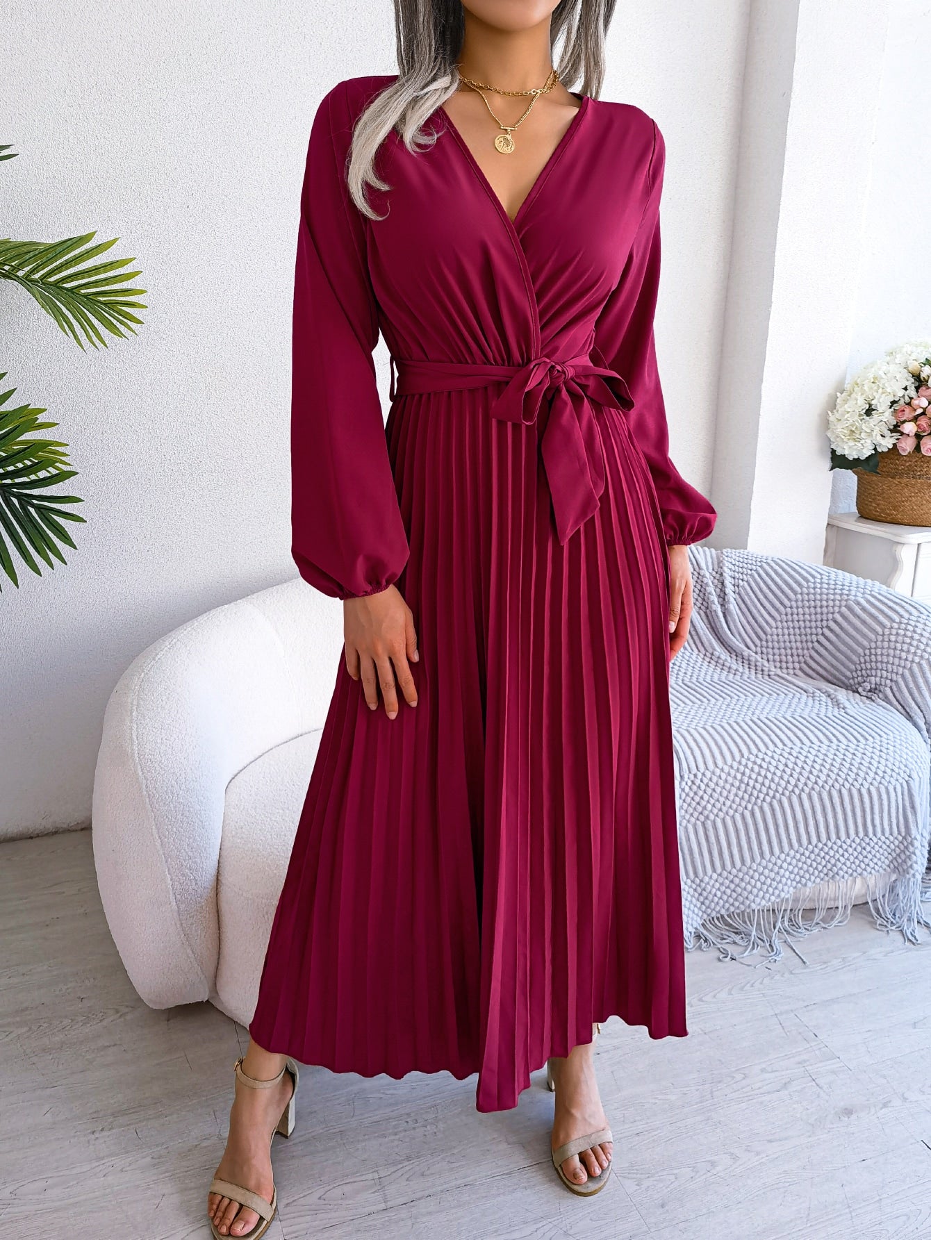 Surplice Neck Lantern Sleeve Pleated Hem Belted Dress