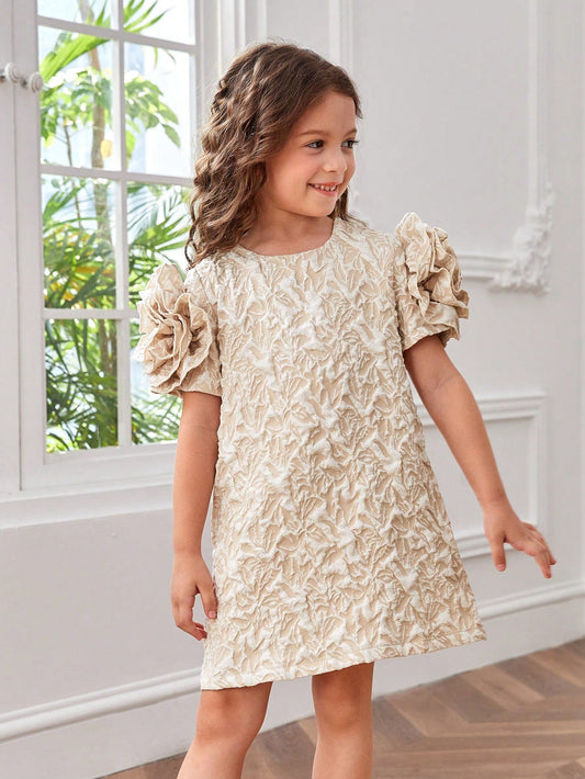 SHEIN Young Girl Woven Bubble Short Sleeve Jacquard Romantic Loose Fit Dress in Solid Color
