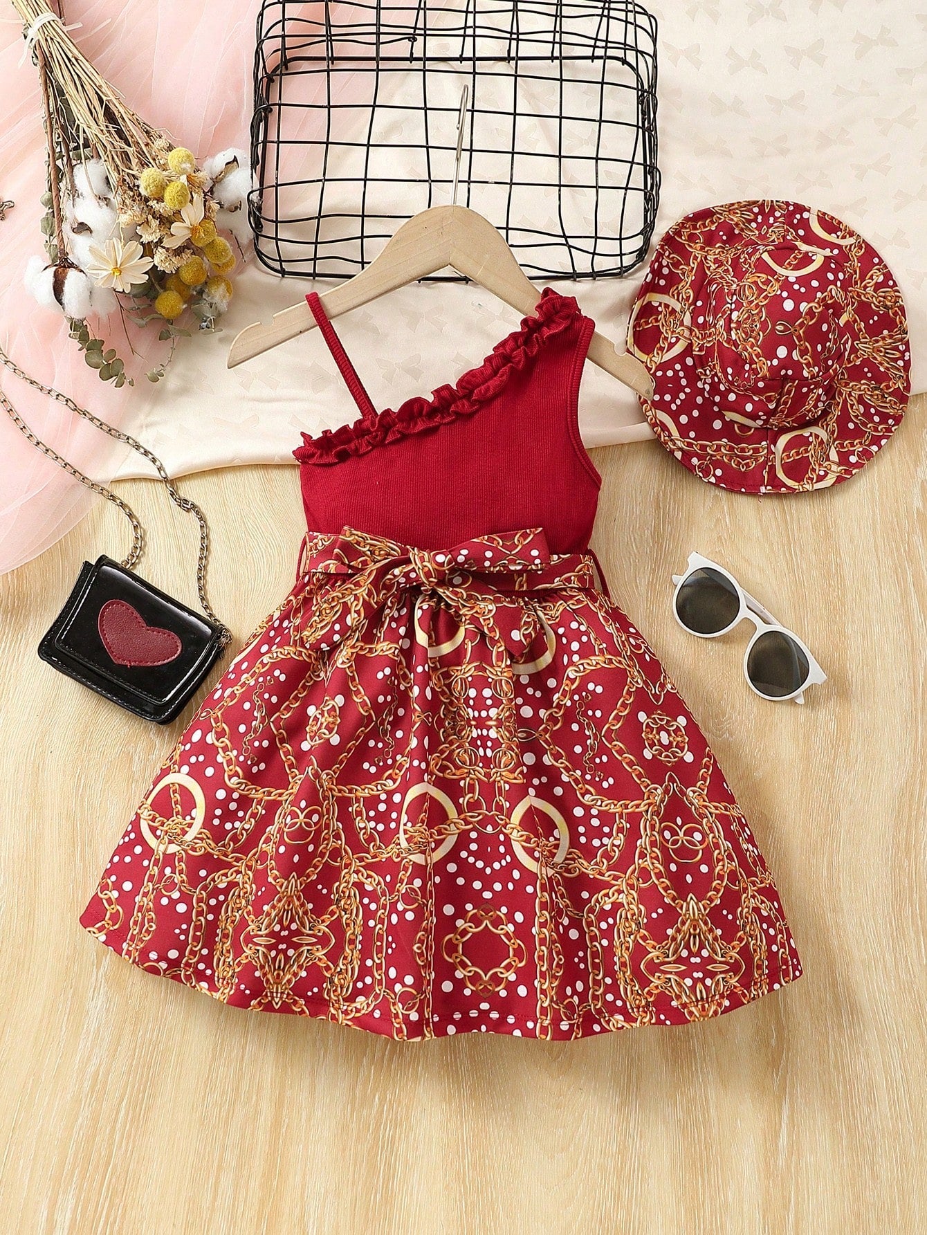 SHEIN Kids EVRYDAY Young Girl'S Asymmetric Collar Chain Print Splicing Dress