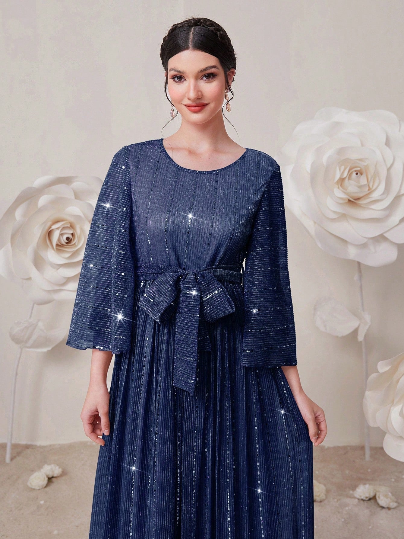 SHEIN Modely Women'S Patchwork Glitter Waist Belted Dress