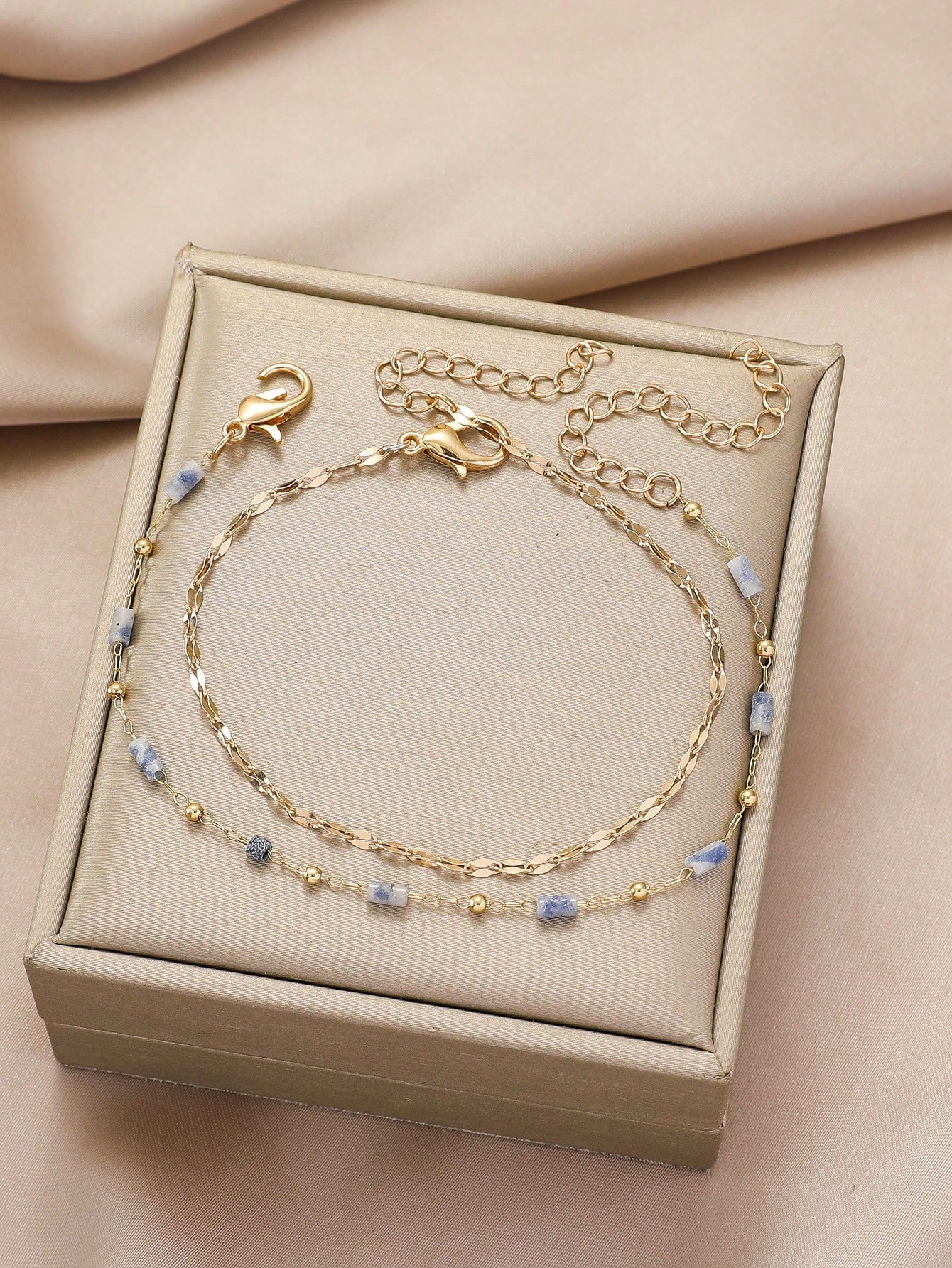 2Pcs Delicate Natural Stone Tube Beaded Chain Bracelet for Women'S Daily Wear and Vacation