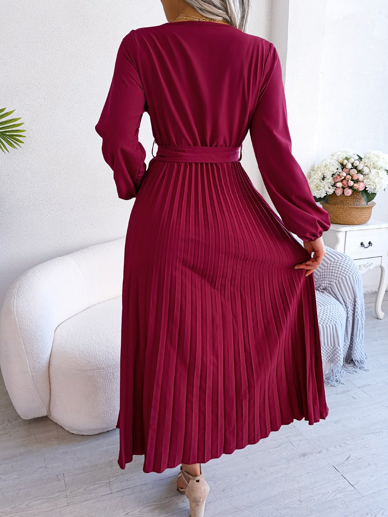 Surplice Neck Lantern Sleeve Pleated Hem Belted Dress