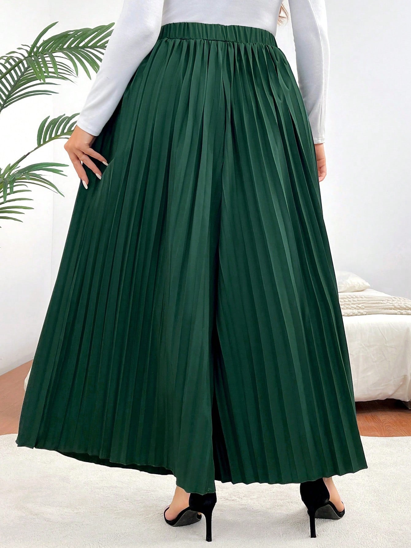 SHEIN Privé plus Size Elastic Waist Puff Pleated Wide Leg Pants