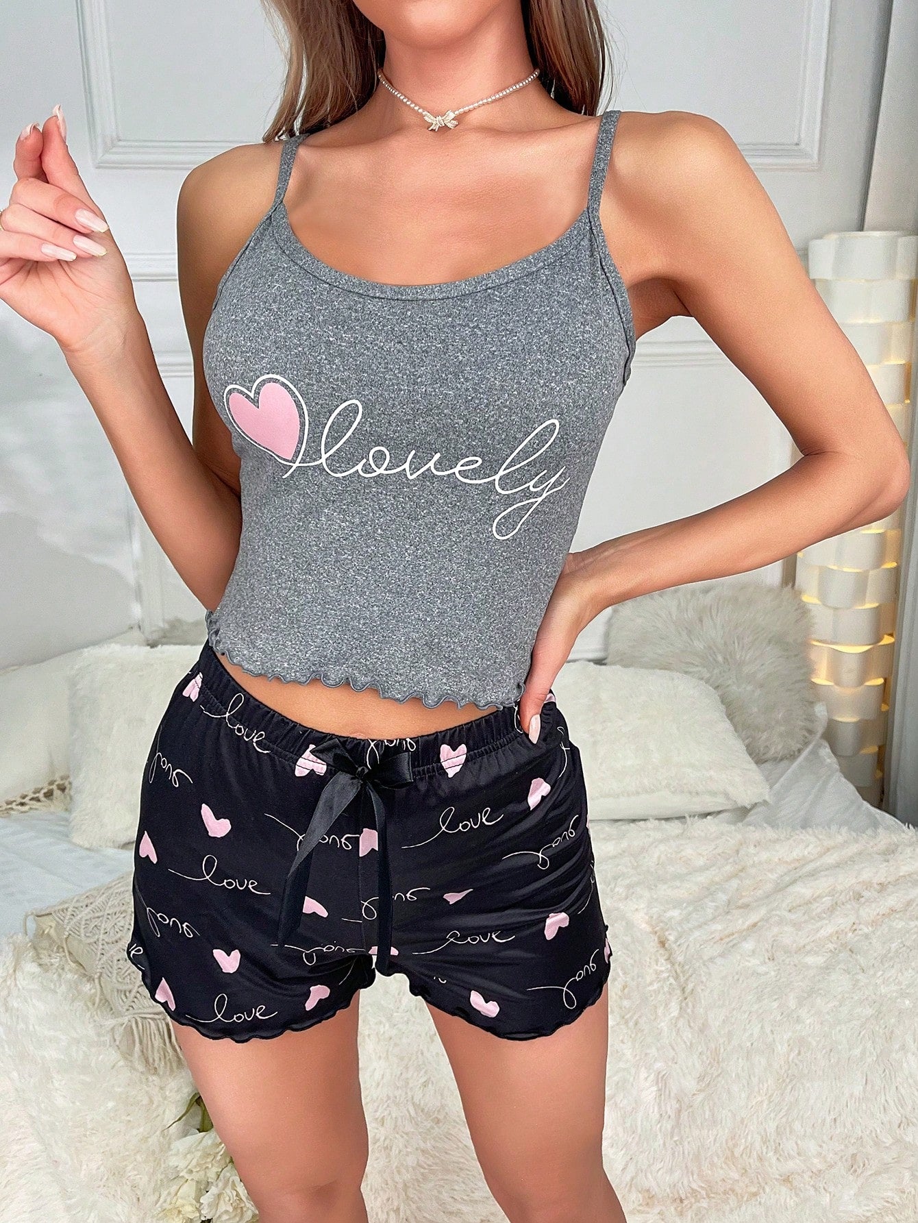 Heart & Letter Graphic Lettuce Trim Cami Top & Shorts PJ Set