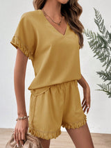 SHEIN VCAY Solid Fringe Trim Batwing Sleeve Blouse & Shorts