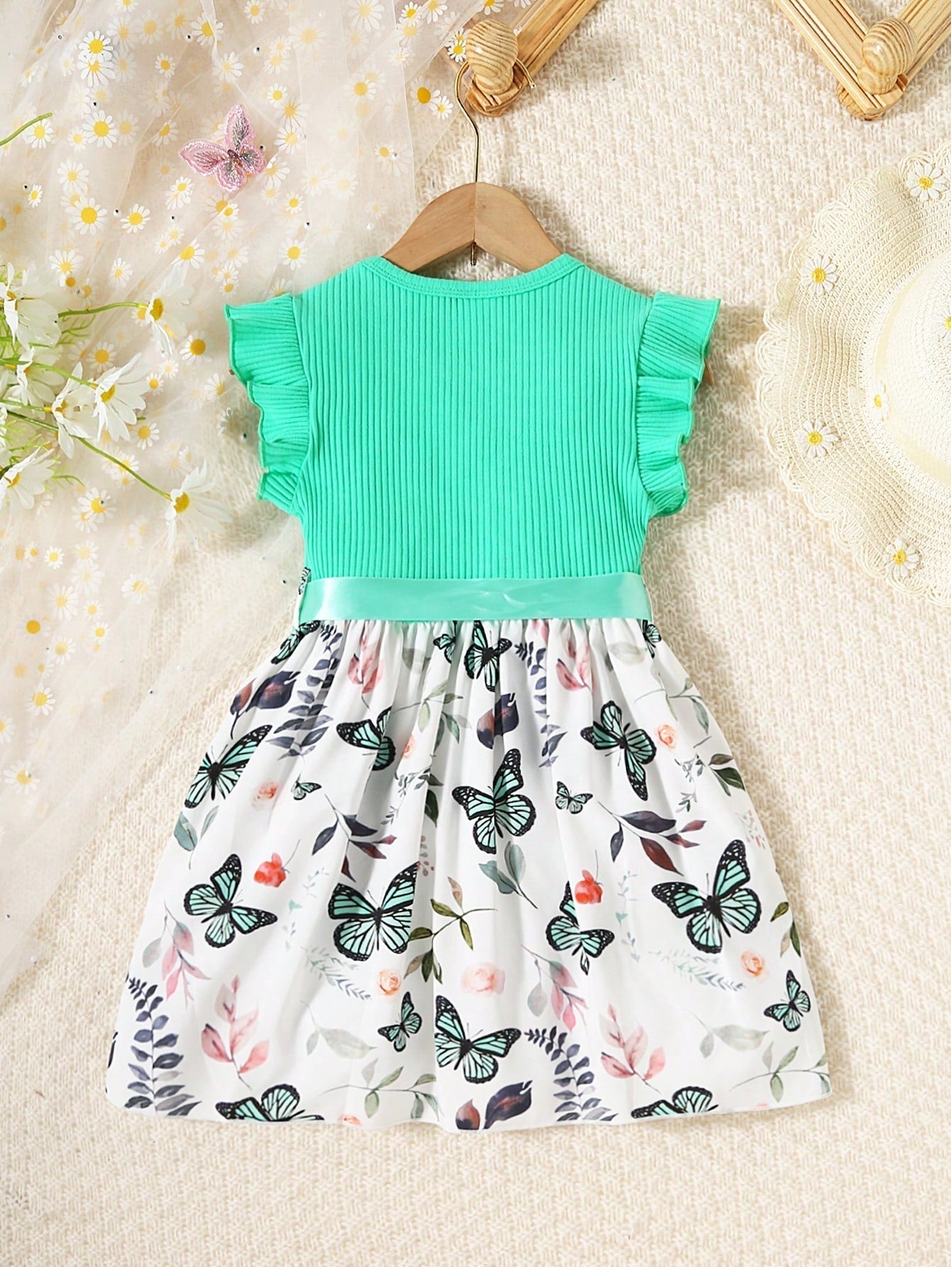 Young Girl Butterfly Print Ruffle Trim Belted Dress