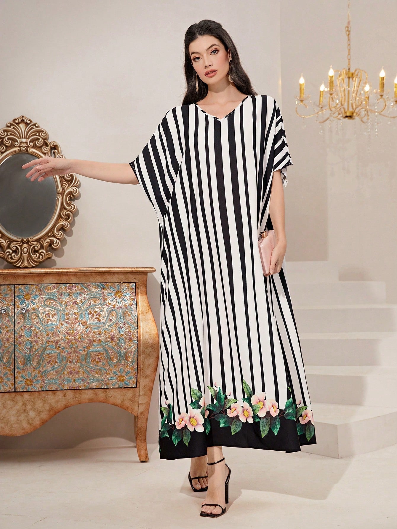 SHEIN Najma Striped & Floral Print Batwing Sleeve Dress