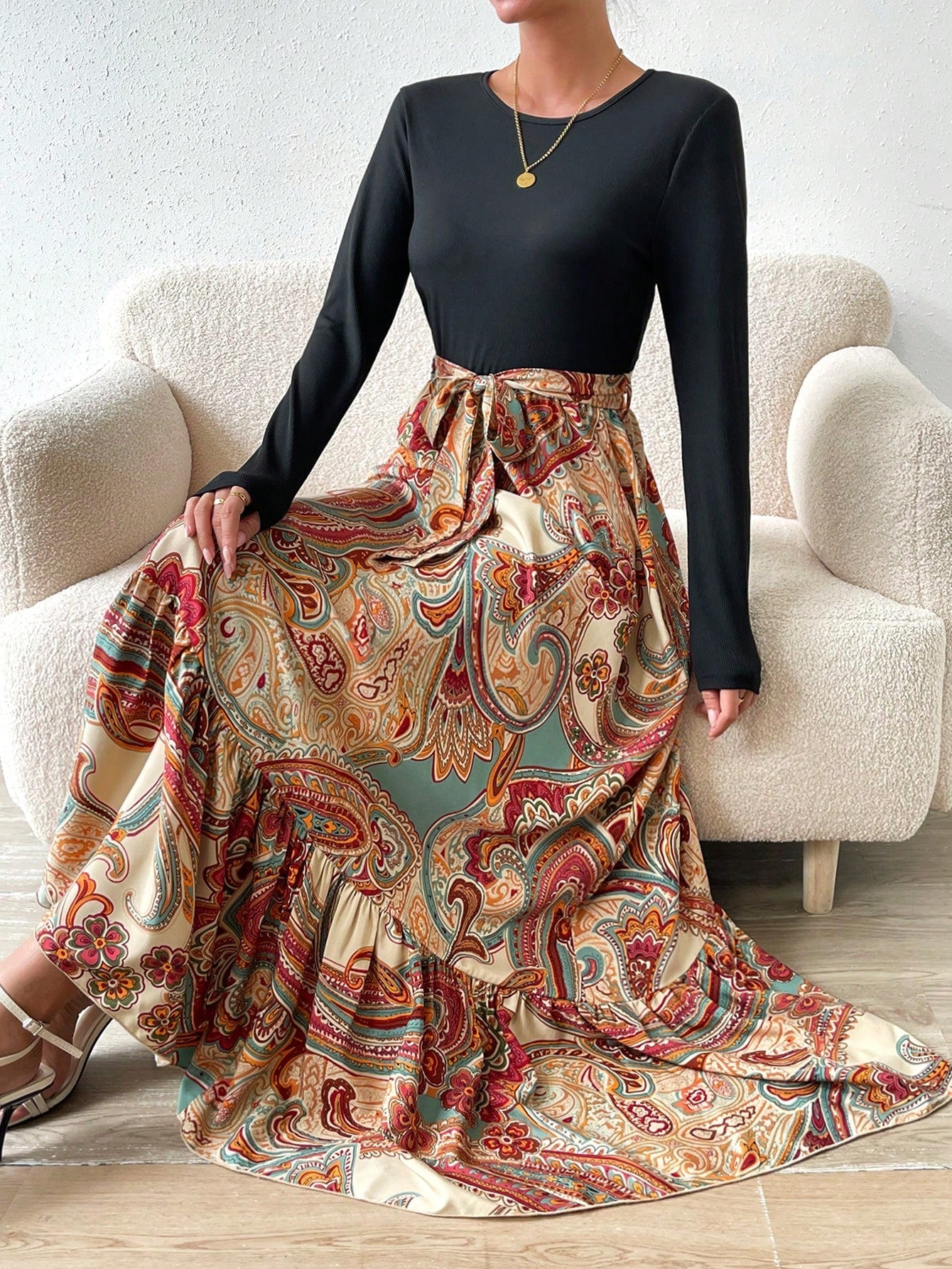 SHEIN VCAY Paisley Print Ruffle Hem Belted Dress