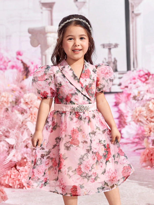 SHEIN Young Girls 1Pc Floral Print Puff Sleeve Party Dress