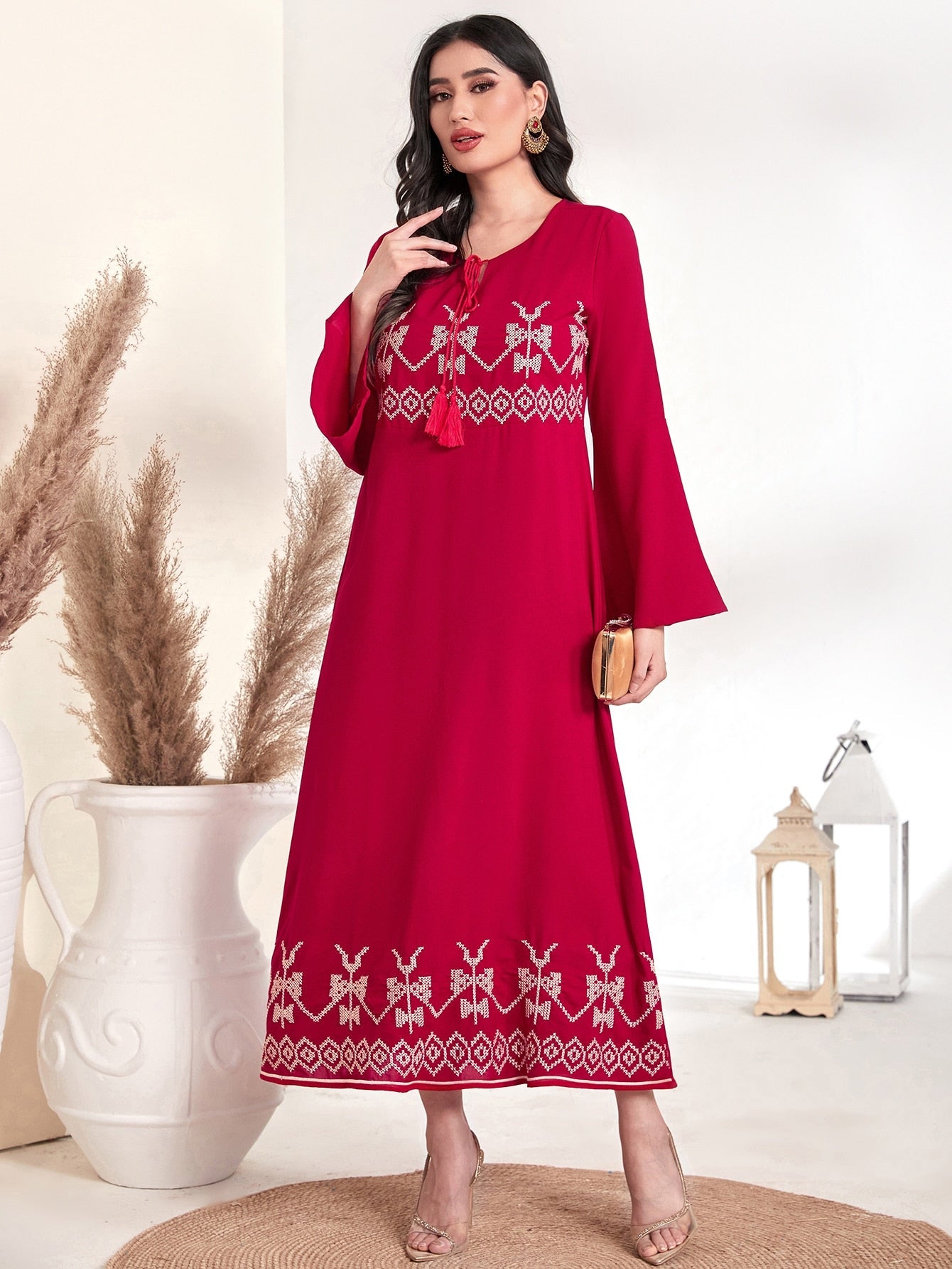 SHEIN Najma Floral Pattern Trumpet Sleeve Tunic Dress