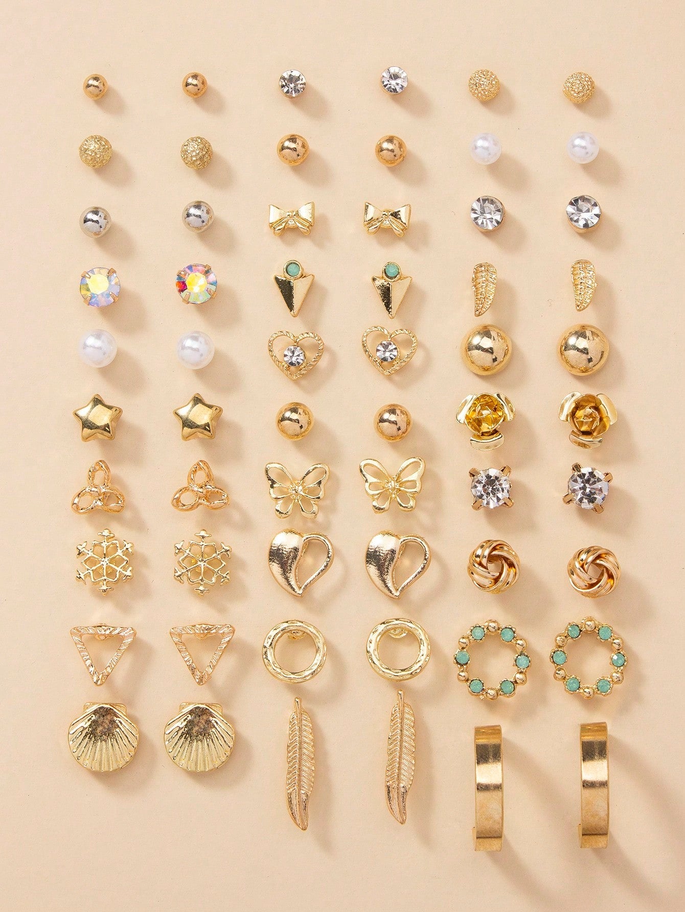 1 Set of 30 Pairs of Exquisite Metal Small Tree Shell Pearl Love Gift Earrings Set for Women