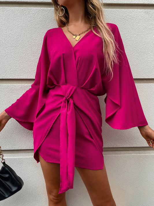 Knot Front Flounce Sleeve Dress