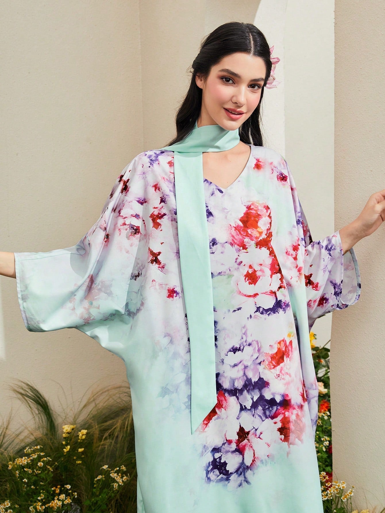 SHEIN Najma Floral Print Batwing Sleeve Dress with Scarf