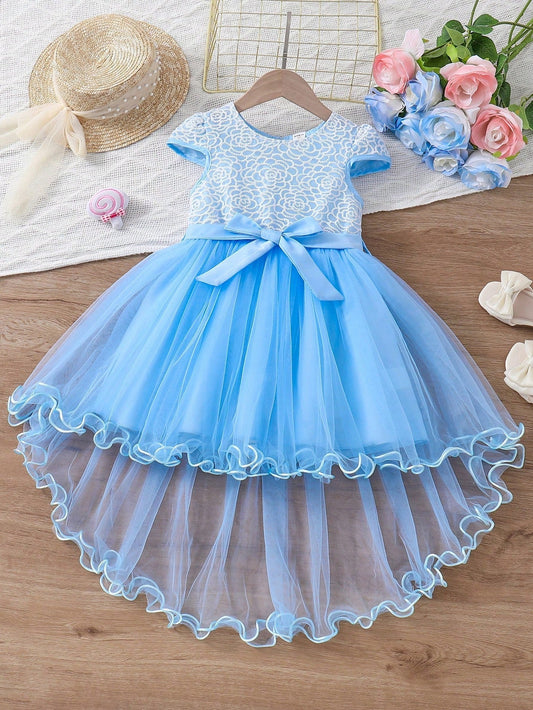 SHEIN Kids CHARMNG Young Girl Floral Lace Patchwork Mesh Hemline Dress