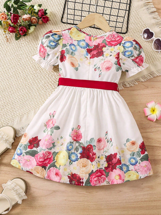 SHEIN Kids Y2Kool Little Girls' Puff Sleeve Floral Print Dress
