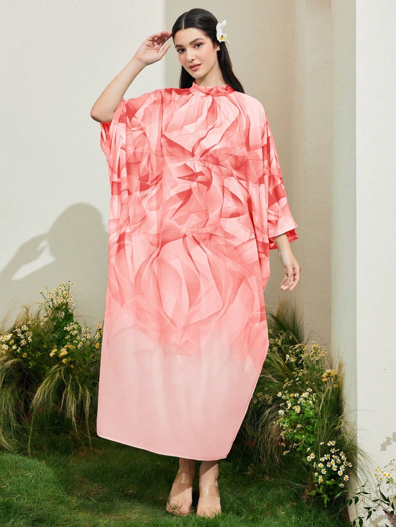 SHEIN Najma Turkish Style Stand Collar Batwing Sleeve Long Shirt