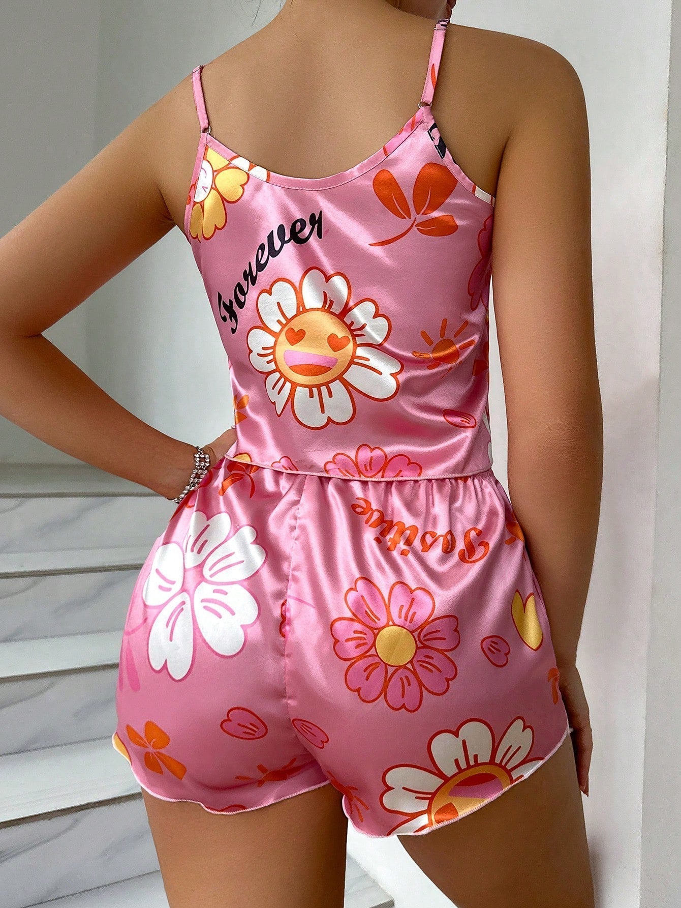 Women'S Satin Pajama Set, Printed with Digital Patterns