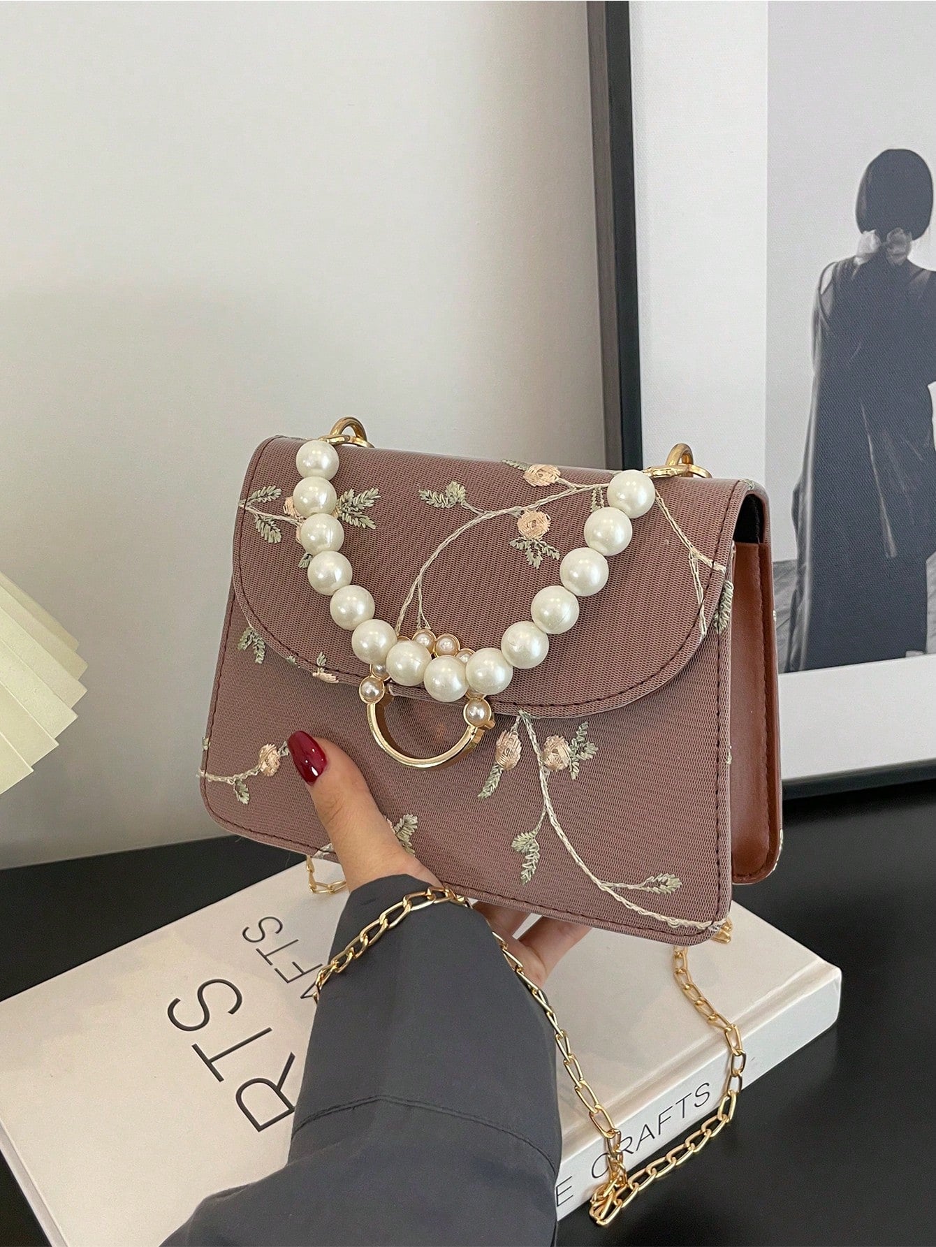 Mini Square Bag Flower Embroidery Faux Pearl Decor Fashionable