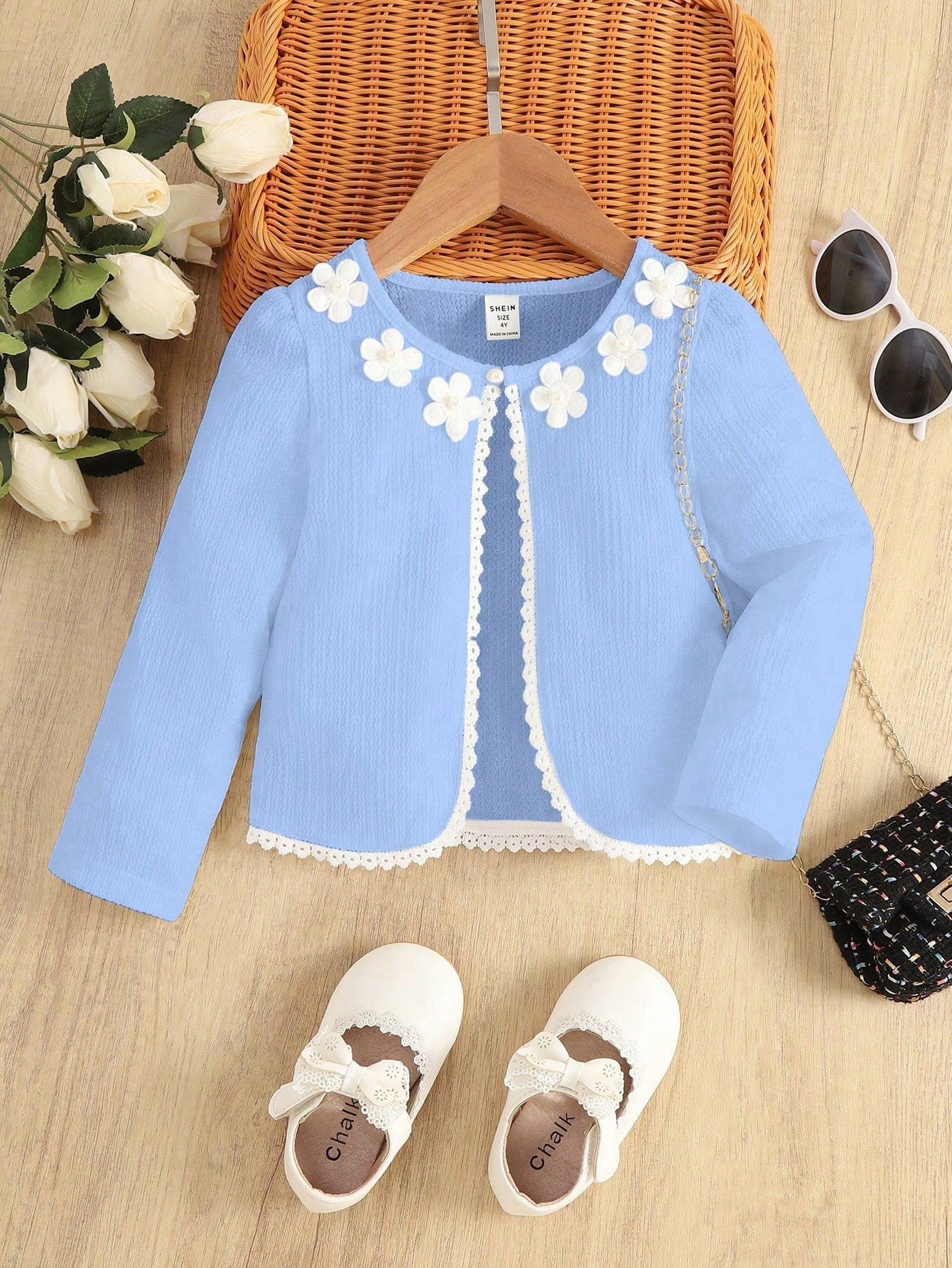 SHEIN Young Girl 3D Flower Decoration Colorblock Long Sleeve Jacket