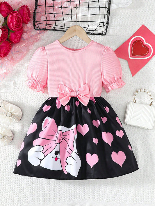 Toddler Girls' Color-Contrast Cartoon Heart Print Patchwork Puff Sleeve Dress with Bow Belt