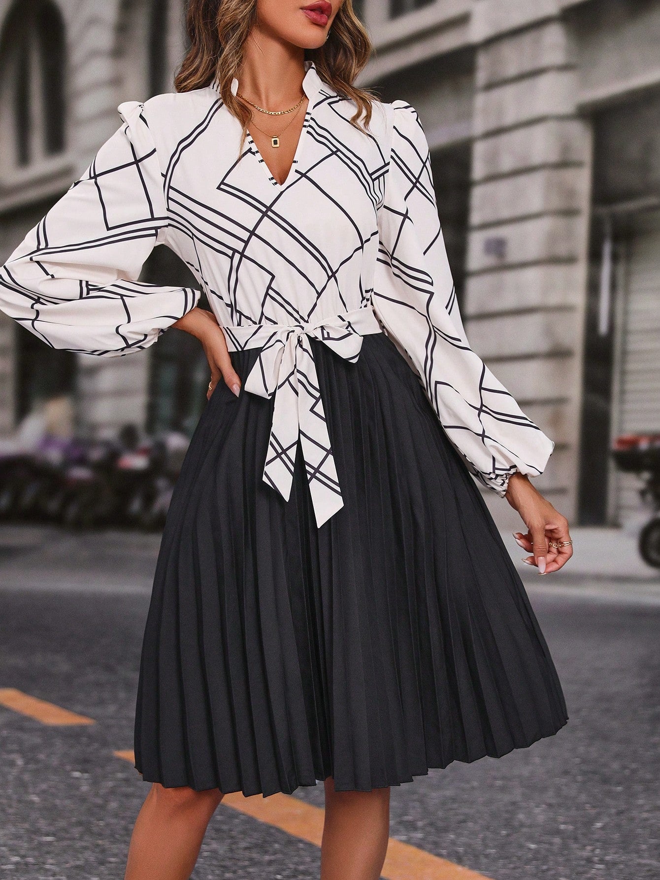 SHEIN LUNE Geo Print Lantern Sleeve Pleated Hem Belted Dress