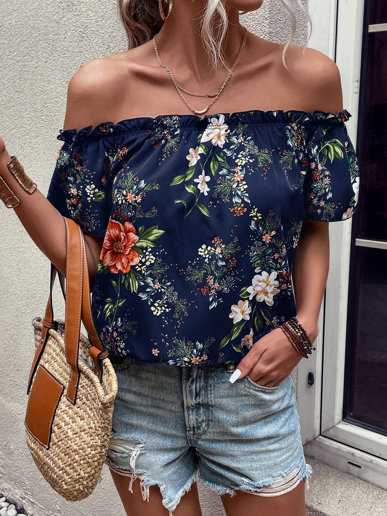 SHEIN VCAY Floral Print off Shoulder Frill Trim Blouse