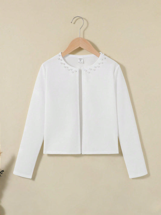 SHEIN Jacket for Tween Girls with Casual Style, round Neck, Long Sleeve with Beaded Detail