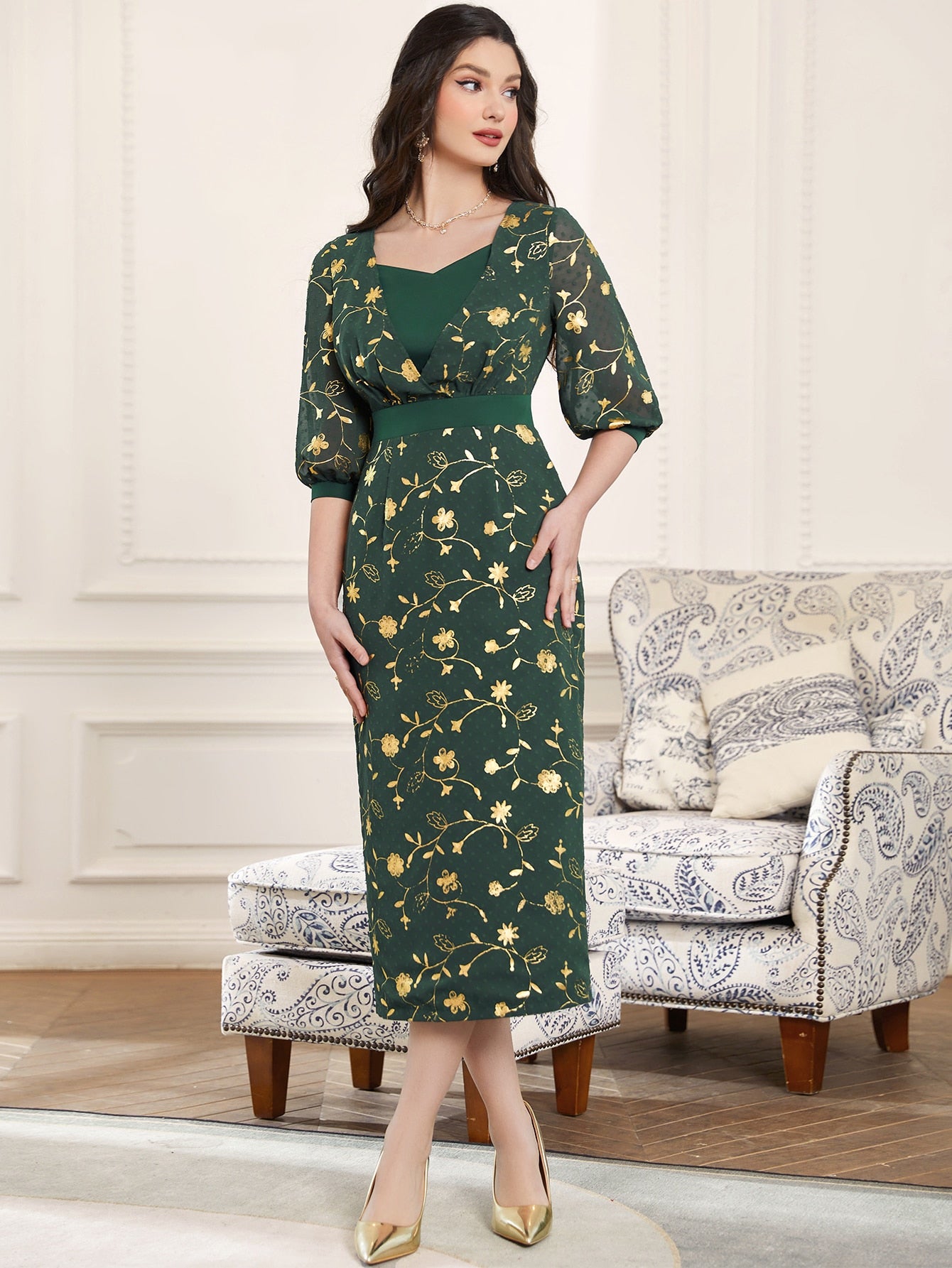 SHEIN Najma Floral Print Lantern Sleeve Split Back Dress