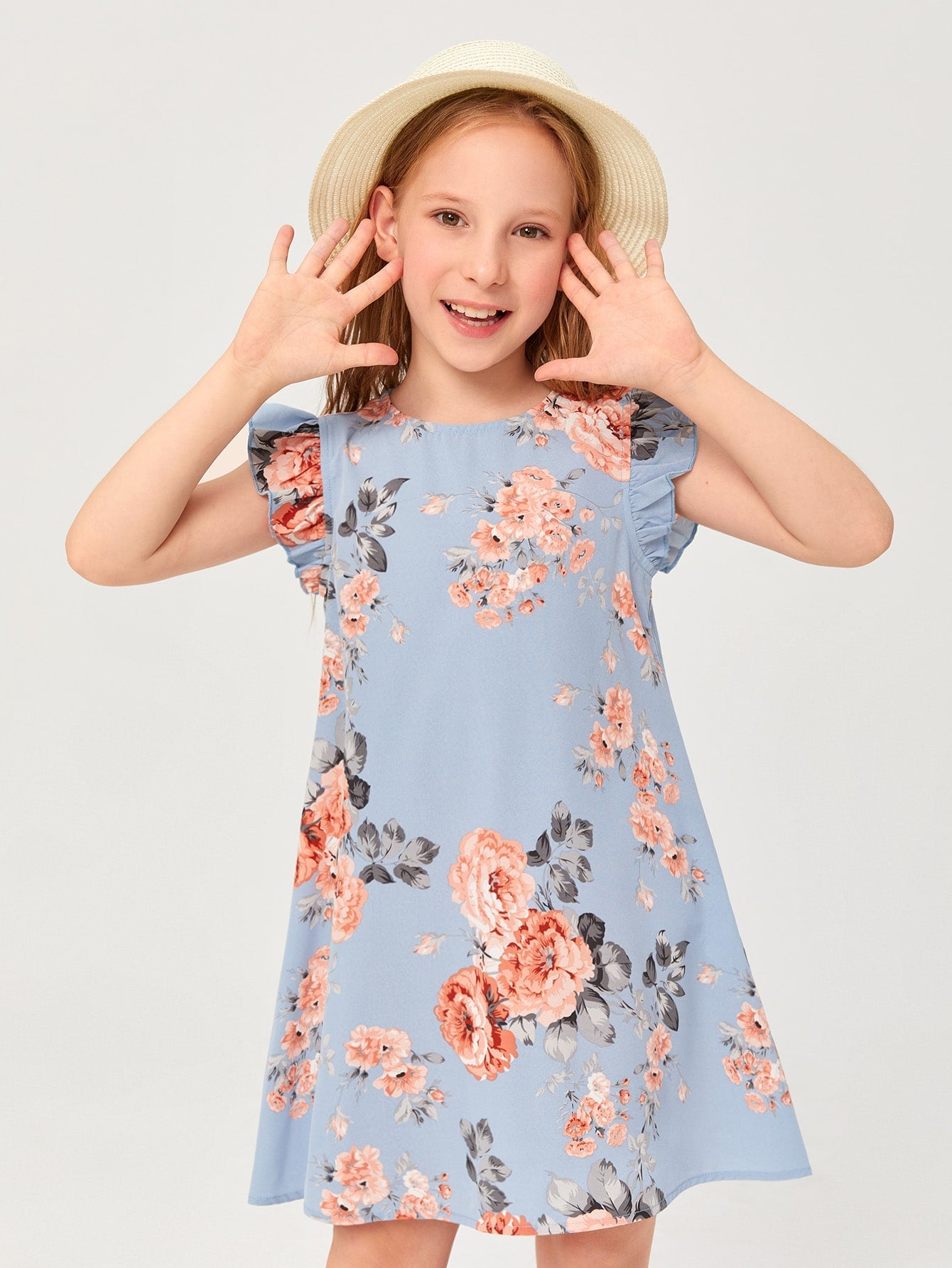 SHEIN Kids SUNSHNE Tween Girl Elegant round Neck Dress with Ruffle Hem, Floral Print