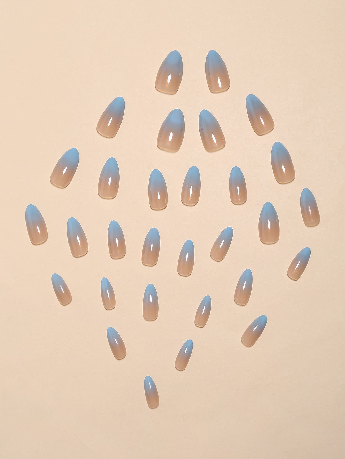 30Pcs/Set Long Pointed Sky Blue Gradient False Nails with 1Pc Nail File, 1Pc Jelly Glue