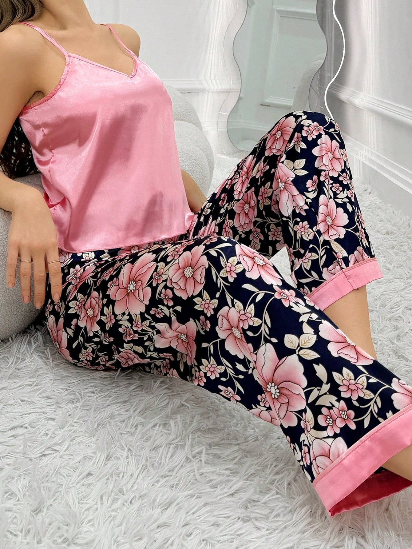 Solid Color Camisole and Flower Printed Wide Leg Pants Pj Set