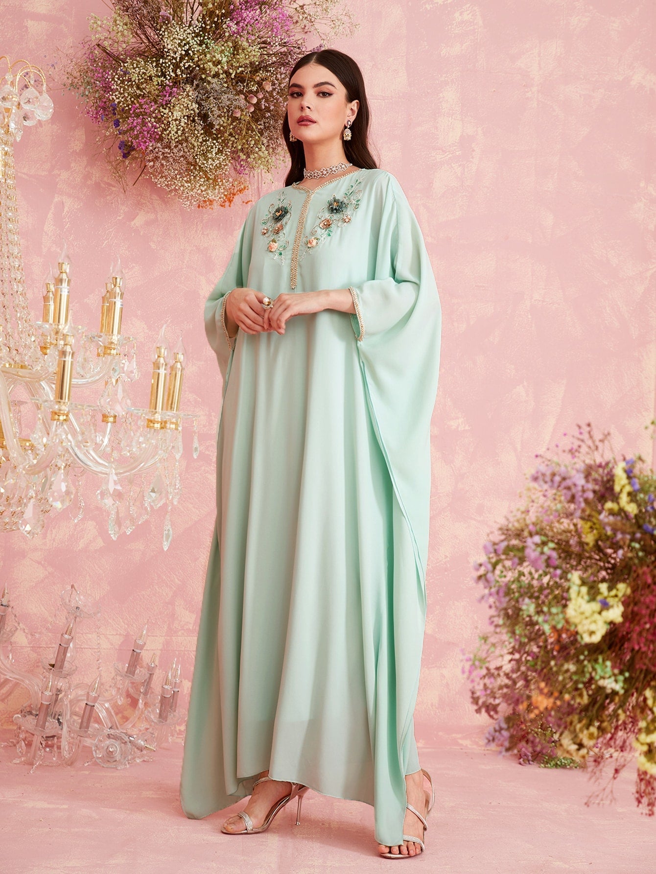 SHEIN Najma Keyhole Back Lace Floral Embroidery Pearls Beaded Tape Kaftan