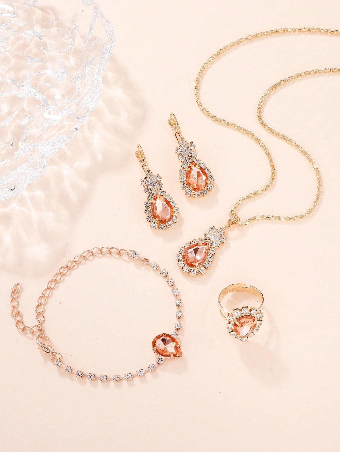 5Pcs/Set Glamorous Rhinestone Water-Drop Decor Jewelry Set for Women for Gift