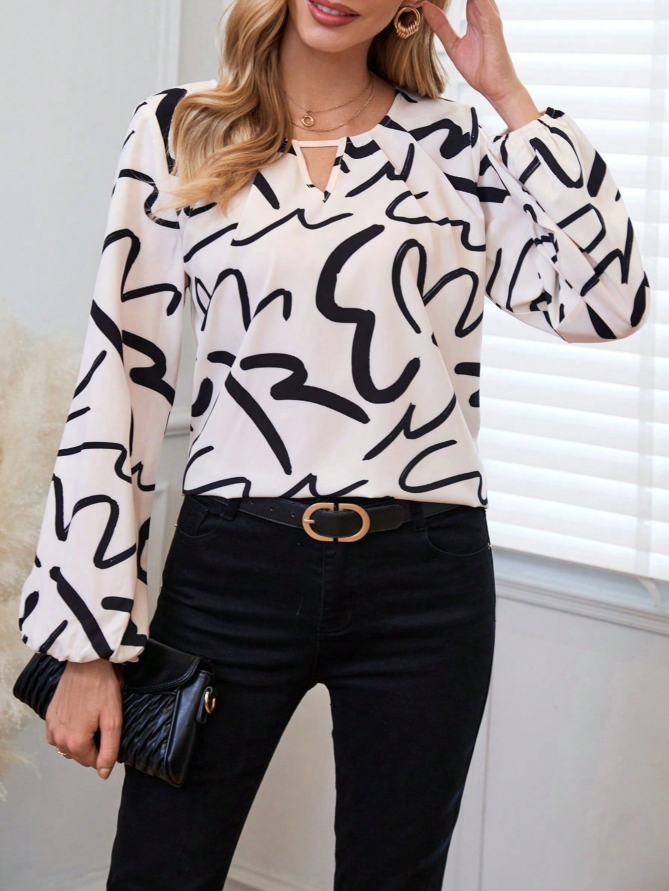 EMERY ROSE Women'S Random Print Collar Hollow Out Lantern Sleeve Shirt