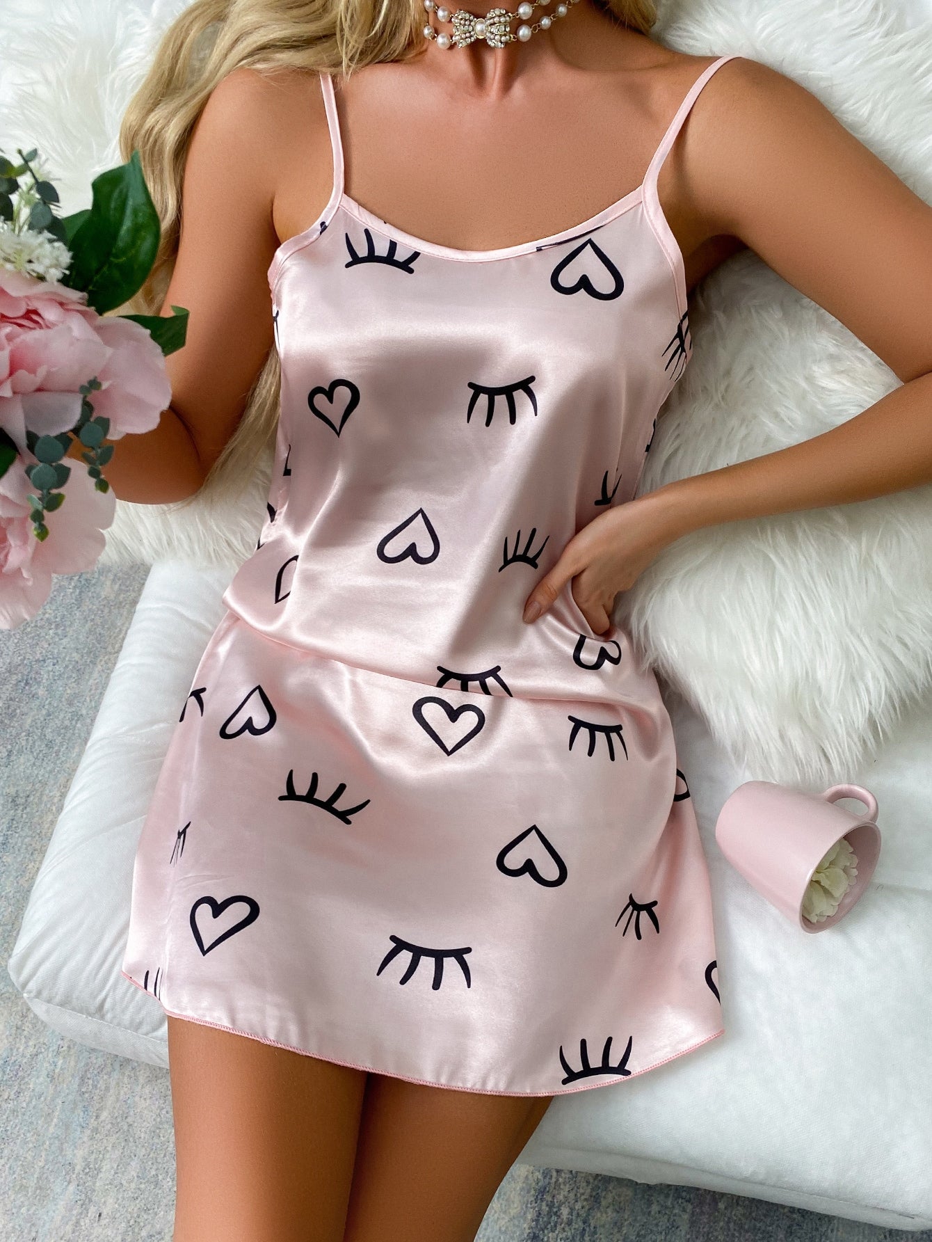 Eyelash & Heart Print Satin Nightdress