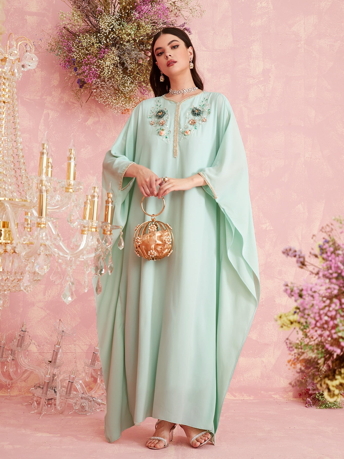 SHEIN Najma Keyhole Back Lace Floral Embroidery Pearls Beaded Tape Kaftan