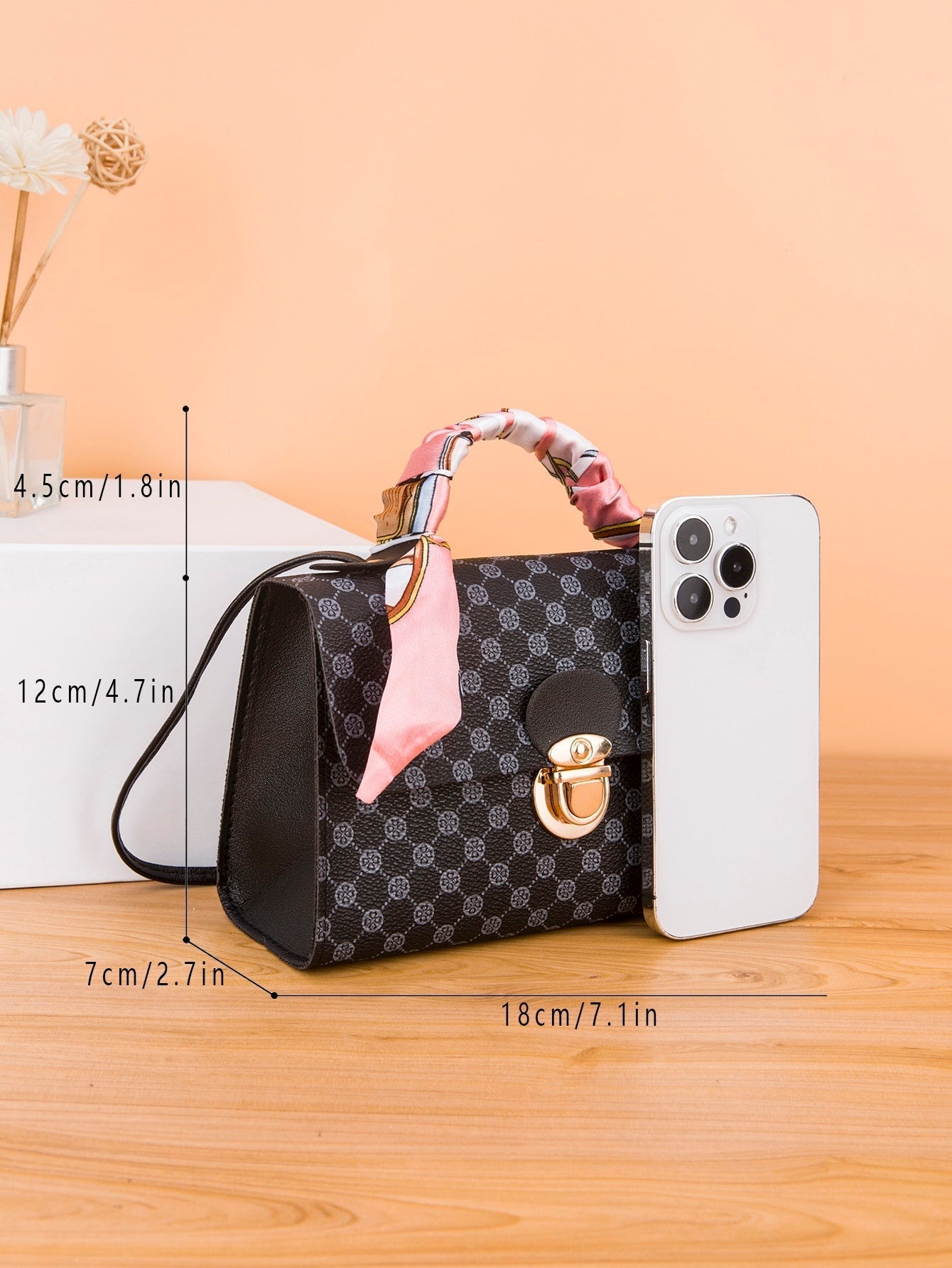 Waterproof Trendy Mini Geometric Pattern Flip Pu Square Bag with Twilly Scarf