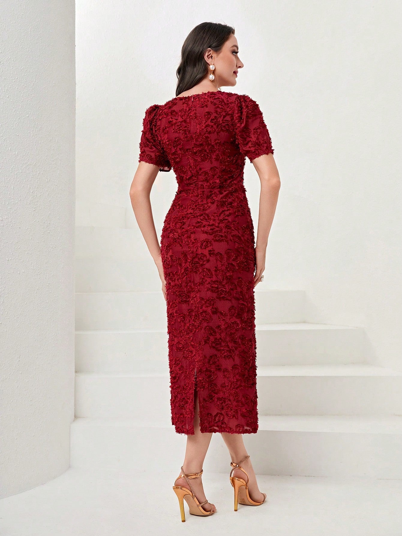 SHEIN Modely Square Neck Puff Sleeve Fitted Dress without Belt